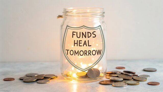Creative glass jar with glowing lights and coins promoting financial support for future healing initiatives