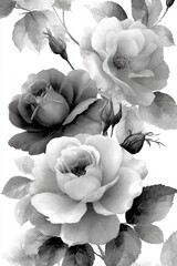 Gray roses bloom, buds unfurling. Elegant floral artwork