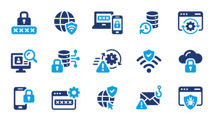 Fototapeta na wymiar Flat vector icon set about cybersecurity and information security, including password protection, data backup, malware, phishing and more.