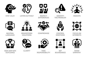 Vector icon set about conflict resolution and communication skills, including active listening, empathy, compromise, mediation and more.