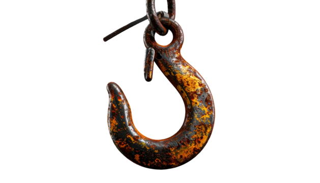 Close-up view of a rusted industrial hook with chain link, on black