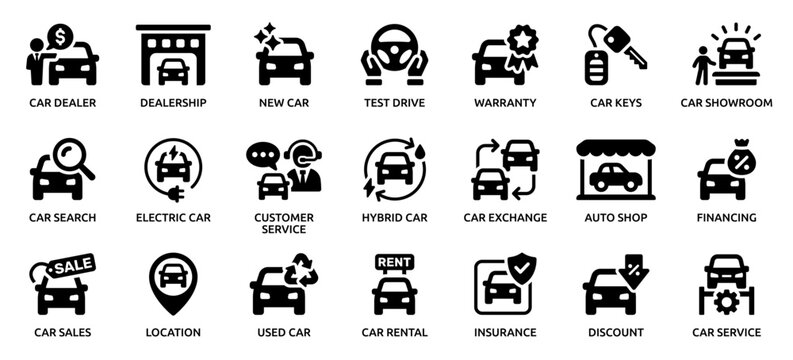 Car dealership icon set, including auto sales, new and used cars, car rental, financing and more. Solid vector icons collection.