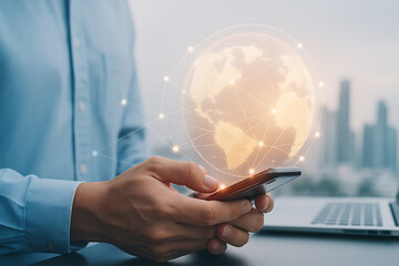 Worldwide technology connection with businessman using smartphone and digital hologram representing global network