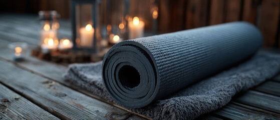 Rolled yoga mat on a wooden surface with candles
