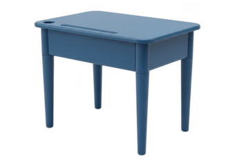 A vintage blue wooden school desk with a hinged writing surface isolated on transparent background