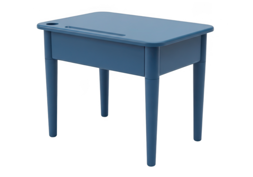 A vintage blue wooden school desk with a hinged writing surface isolated on transparent background