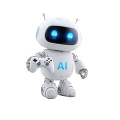Cute AI Robot Holding Game Controller on Transparent Background