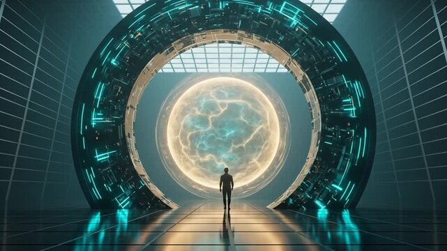 Advancing through the futuristic portal, a journey into the unknown dimensions