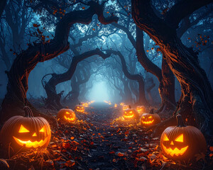Dark forest with twisted trees, glowing pumpkins at edges, center empty space