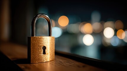 Golden padlock sits against blurred city lights