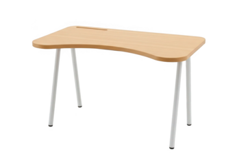 A simple light brown wooden student desk with curved edges and silver metal legs isolated on transparent background