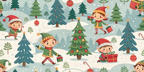 Christmas Elves Seamless Pattern, Holiday Event Santa’s Little Helpers