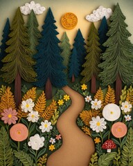 Intricate Quilling Design Whimsical Paper Quilling Forest Scene with Sun and Flowers in colorful decorative floral paper concept