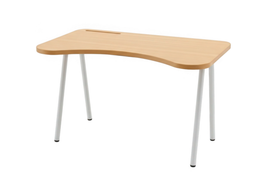 A simple light brown wooden student desk with curved edges and silver metal legs isolated on transparent background