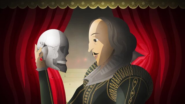 playwright holding hamlet skull on theater stage