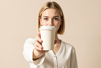 "Coffee cup mockup in hand – blank disposable paper cup template for branding and logo design"