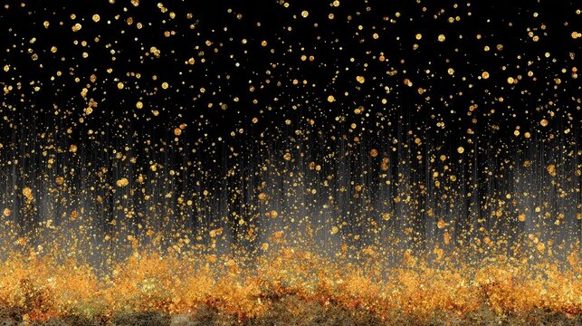 Golden specks fall on a blurred orange field against black
