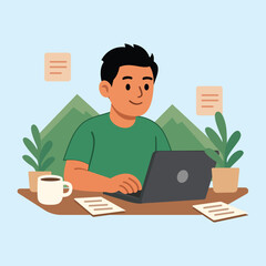 Minimalist illustration of a man working on a laptop with coffee, papers, and plants on the desk, symbolizing productivity, focus, and creative workspace.