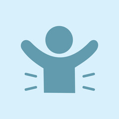 Simple flat illustration of a person icon with raised arms, symbolizing joy, success, happiness, and positive energy in a minimalist blue design.