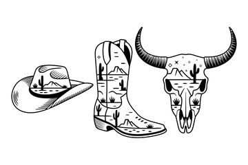 Western Desert Club and Retro hat and Cactus Emblem and Boot Vector