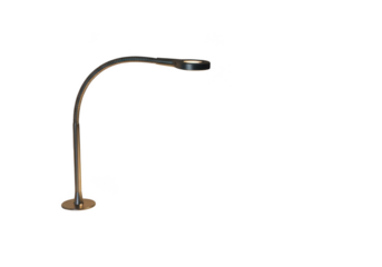Modern curved floor lamp with adjustable head and brass accents isolated on transparent background