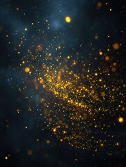 Glittering, golden dust floats against a shadowy, dark background