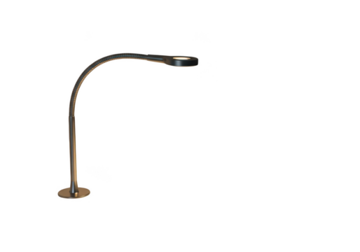 Modern curved floor lamp with adjustable head and brass accents isolated on transparent background