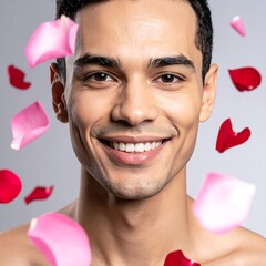 Smiling man with clear skin and falling petals
