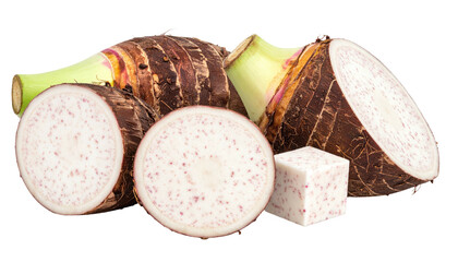 Close-up of several taro root sections, some sliced, showing interior