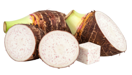 Close-up of several taro root sections, some sliced, showing interior