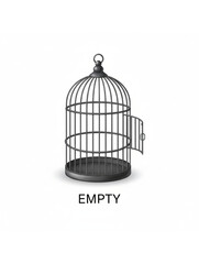 A Realistic Dark Metal Birdcage with its Door Wide Open, Indicating Freedom or Loss, with the Label EMPTY. 
