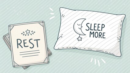 Hand-drawn illustration of a pillow with sleep advice and a card promoting the importance of rest and relaxation