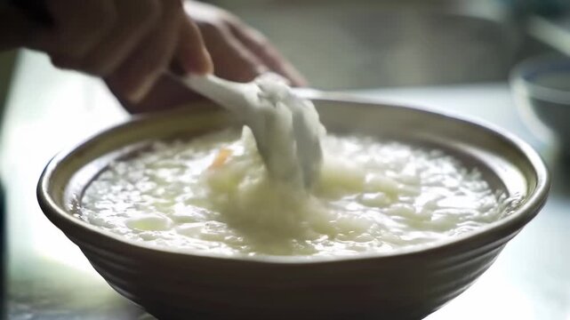 Stirring a Bowl of Rice Porridge With Fried Egg