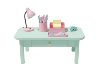 A light blue children s desk with a pink lamp and art supplies isolated on transparent background