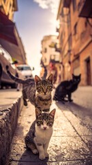 Three curious cats on a sunlit city street curb