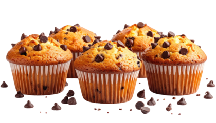 Four chocolate chip muffins, golden brown, nestled together