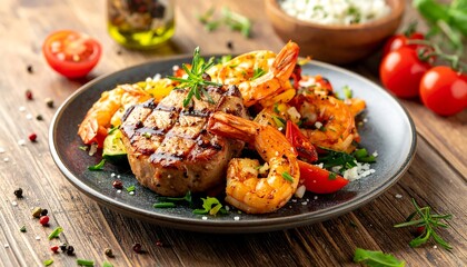 Fototapeta premium Delicious plate of grilled steak, shrimp, tomatoes, and herb garnish