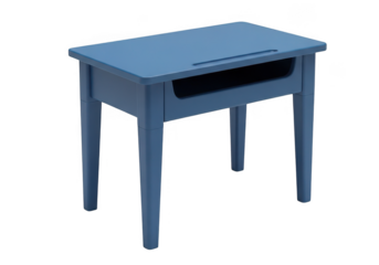 Classic blue wooden school desk with open storage compartment isolated on transparent background