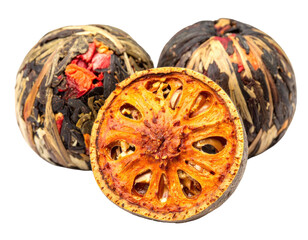 Two tea balls, one sliced, showcasing vibrant floral and herbal blends