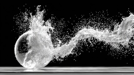 Splashing water sphere. Black backdrop, reflective surface