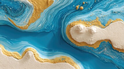 Turquoise river flows by textured gold, white shores