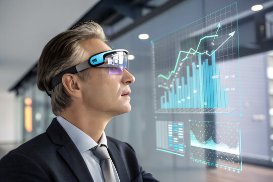 Augmented Vision: A visionary businessman in a sleek suit examines futuristic data projections through high-tech augmented reality glasses.
