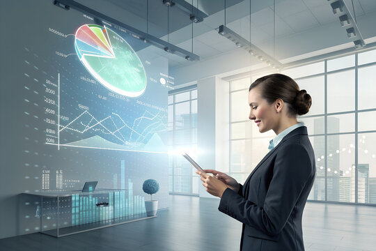 Business Analytics in Office: A focused business woman examines financial analytics, graphs and charts on a digital tablet, innovative presentation style, modern office setting. 