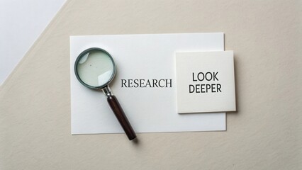 Close-up view of a magnifying glass over cards with keywords emphasizing the importance of research and deeper analysis