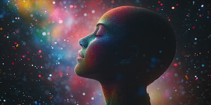 Profile of a serene human face against a vibrant cosmic nebula.