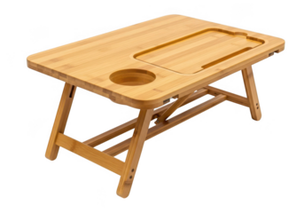 Wooden foldable bed tray table with integrated cup holder and tablet stand isolated on transparent background