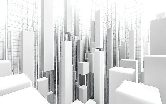 Abstract futuristic cityscape with white geometric skyscraper blocks.