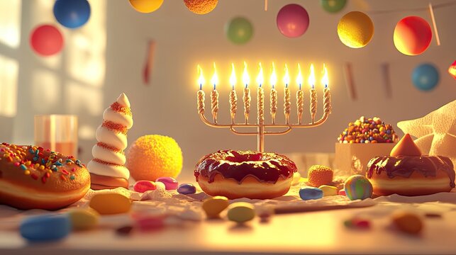 Festive Hanukkah celebration table with a glowing menorah and sweet treats.