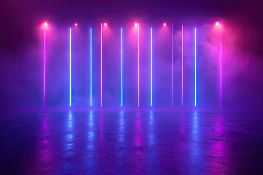 Vibrant Neon Lights on a Reflective Stage with Smoke.