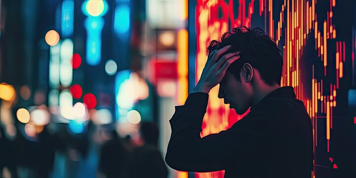 Desperate man feeling overwhelmed by the neon glow of the city at night.